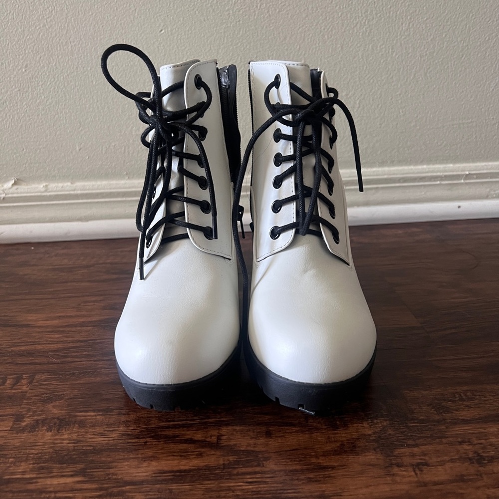 White Lace-Up Platform Ankle Boots for Women
